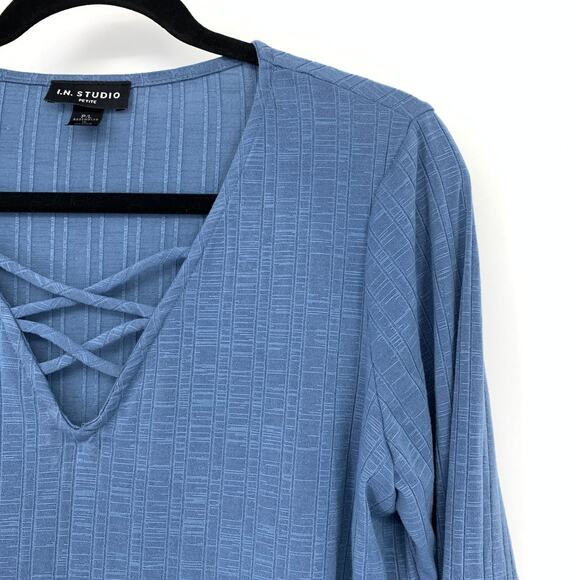 I.N. Studios Ribbed Knit Blouse Womens Size PL Flared Long Sleeve Blue Lace Up - Picture 3 of 6